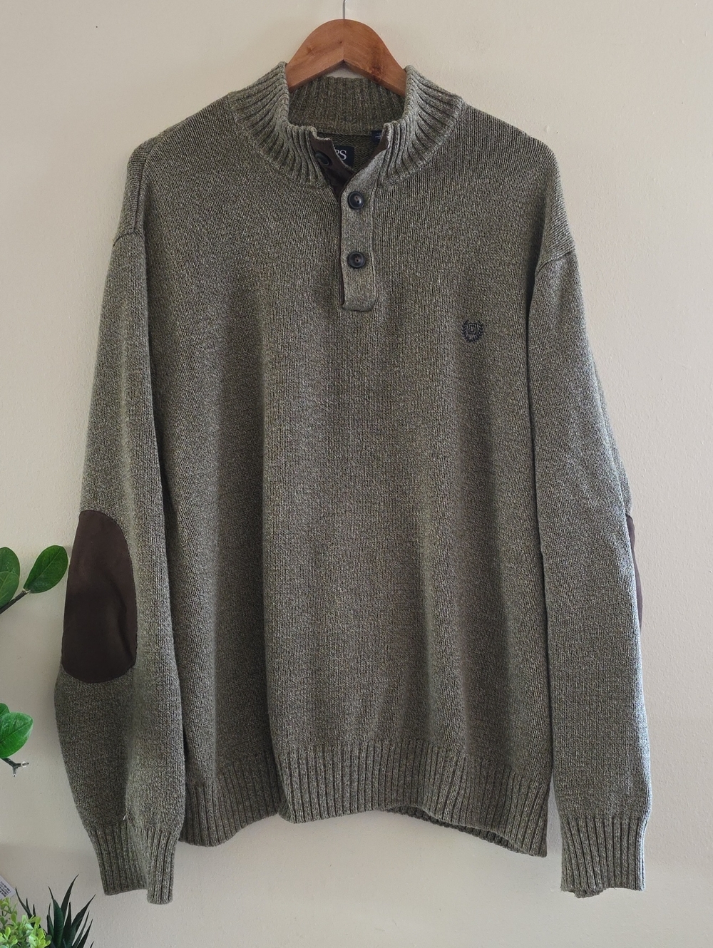 Chaps RL Embroidered Logo Olive Green Henley Knit Sweater - Mens 2XB